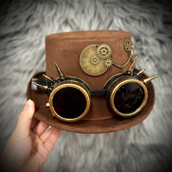 Steampunk Top Hat Metallic Scientist Time Traveler Halloween Costume Cosplay Hat - Picture 2 of 5
